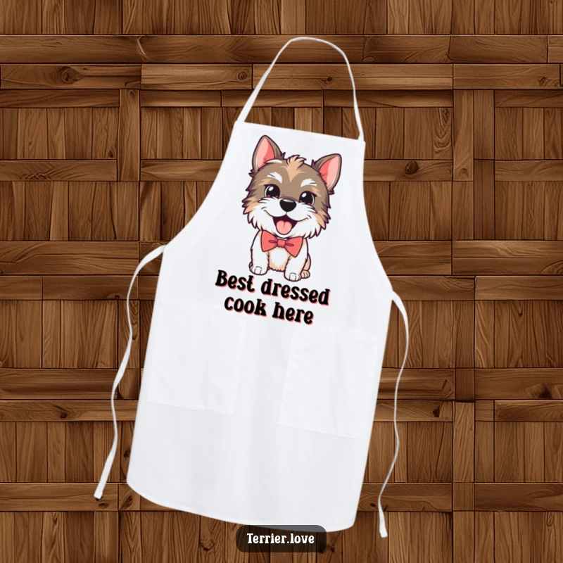 Funny apron showing a playful Terrier dog wearing a smart bow tie and panting happily, ideal for stylish kitchen fun.