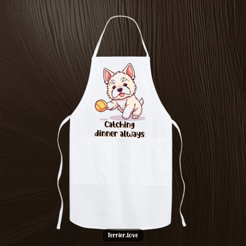 Funny apron showcasing a fluffy terrier with perked ears joyfully catching a ball, adding a playful and humorous touch to cooking.