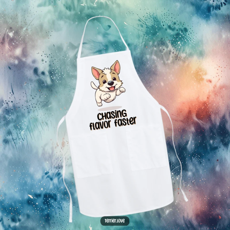 Funny cheerful running terrier apron, happy dog with wagging tail, energetic kitchen wear, perfect for cooking gifts.