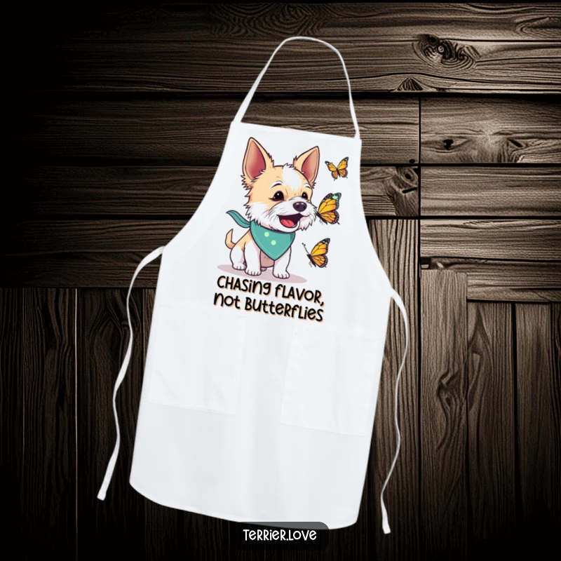 Funny apron showcasing a terrier dog in a bandana energetically barking at a butterfly, adding a playful and humorous touch to cooking.