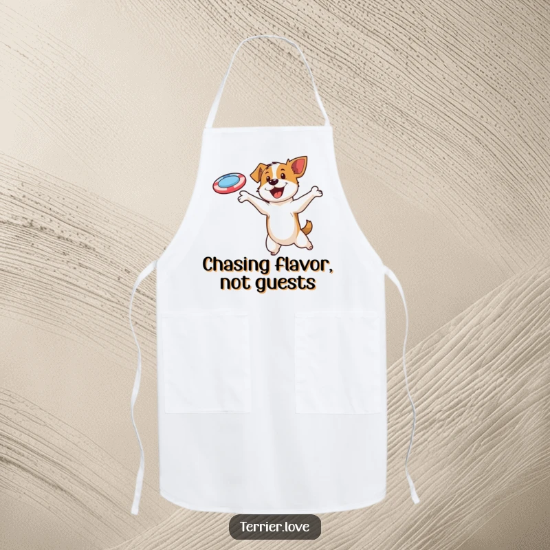 Funny apron illustrating a focused terrier character leaping dramatically to catch a flying disc, ready for kitchen adventures.