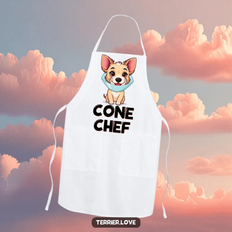 Funny Apron: A terrier dog wearing a cone, looking endearingly bewildered yet happy, ready to join in kitchen fun.