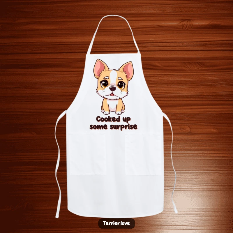 Funny surprised terrier apron, dog with wide eyes, expressive kitchen wear, perfect for cooking gifts.