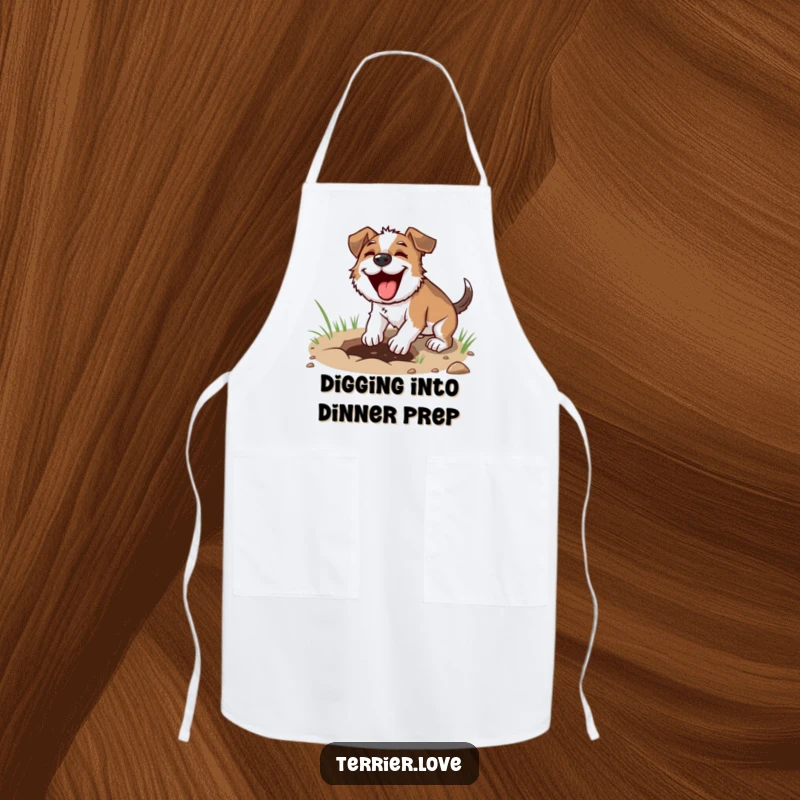 Funny digging terrier apron, dog digging with focus, expressive kitchen wear, perfect for cooking gifts.
