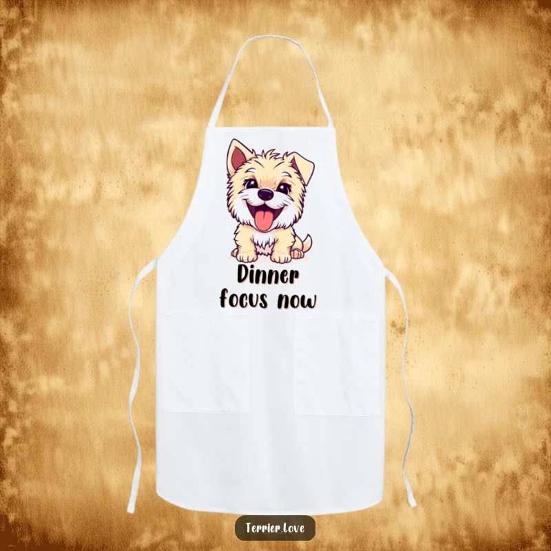Funny Terrier apron featuring a joyful dog with its tongue out, looking intently at something, perfect for cooking.