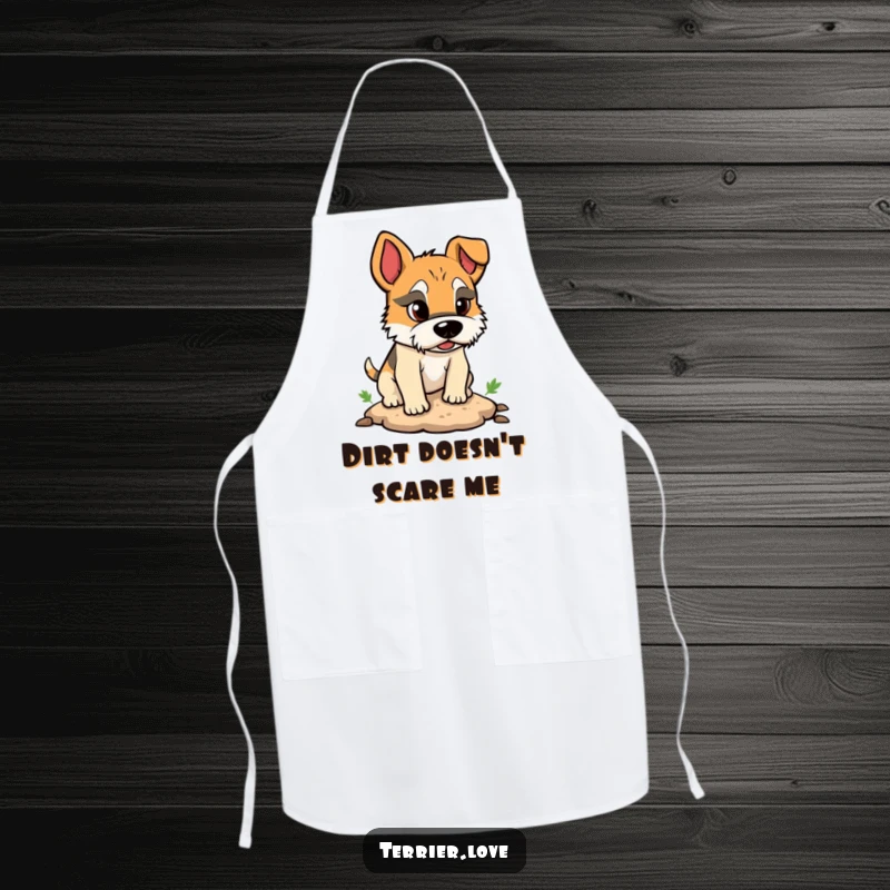 Funny apron illustrating a determined terrier character digging a small hole, ready for messy, fun activities.