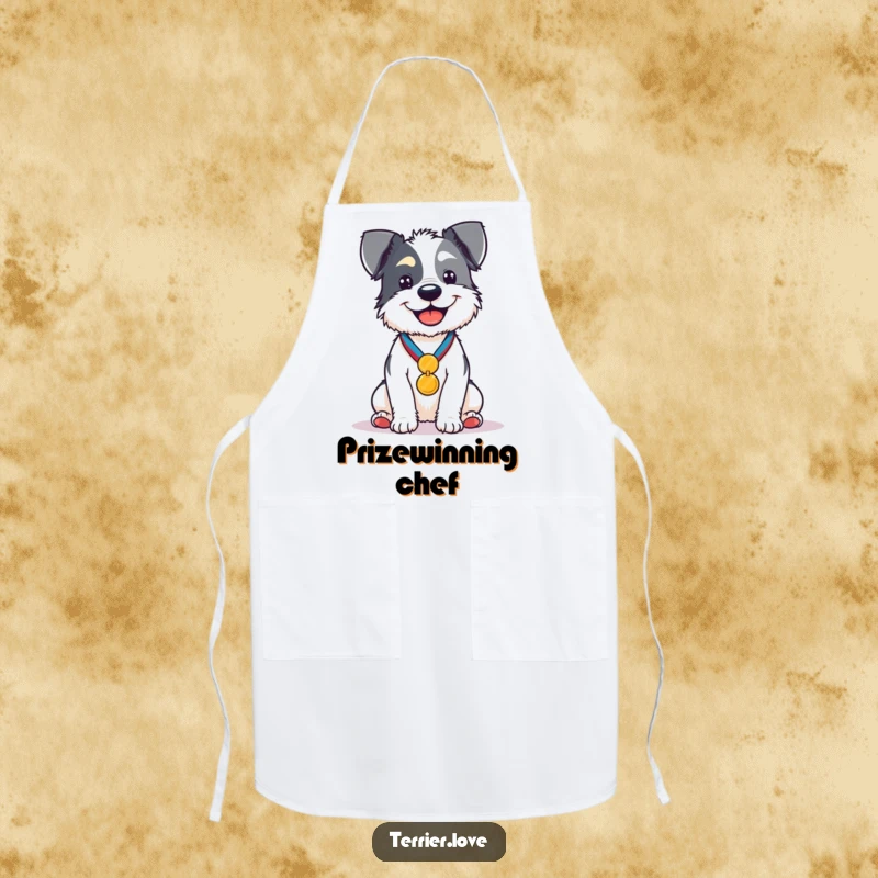 Funny Apron showing a proud terrier sitting with a medal, ready to oversee kitchen creations with canine authority.