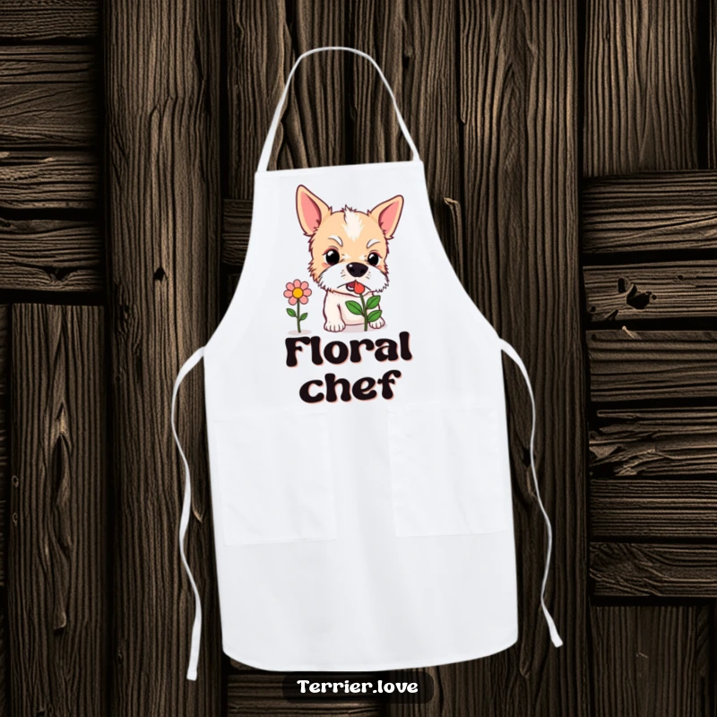 Funny Apron: A curious terrier dog sniffing a stylized flower icon with interest, ready for kitchen explorations.