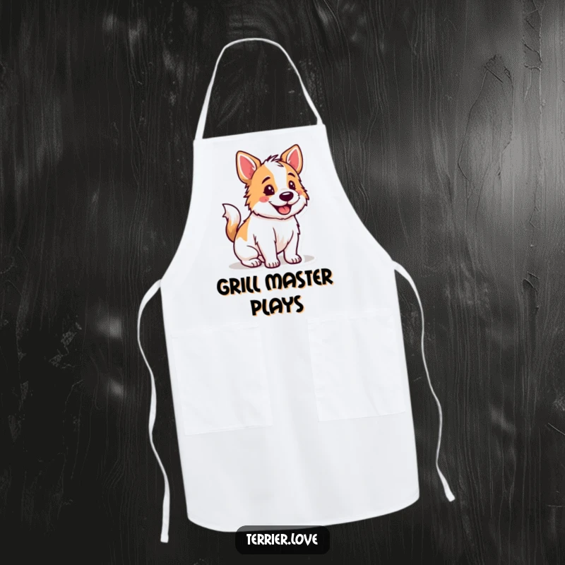 Funny Terrier apron featuring a happy dog with its tail wagging, ready for games, perfect for cooking.