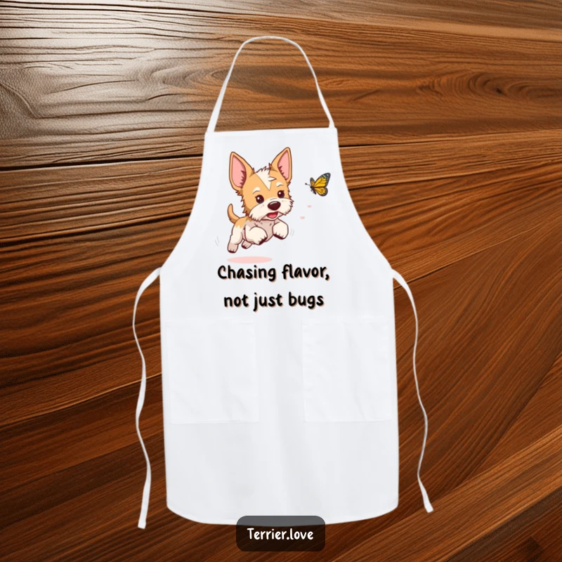 Funny terrier apron depicting a playful dog with perked ears chasing a butterfly, adding whimsy to cooking.