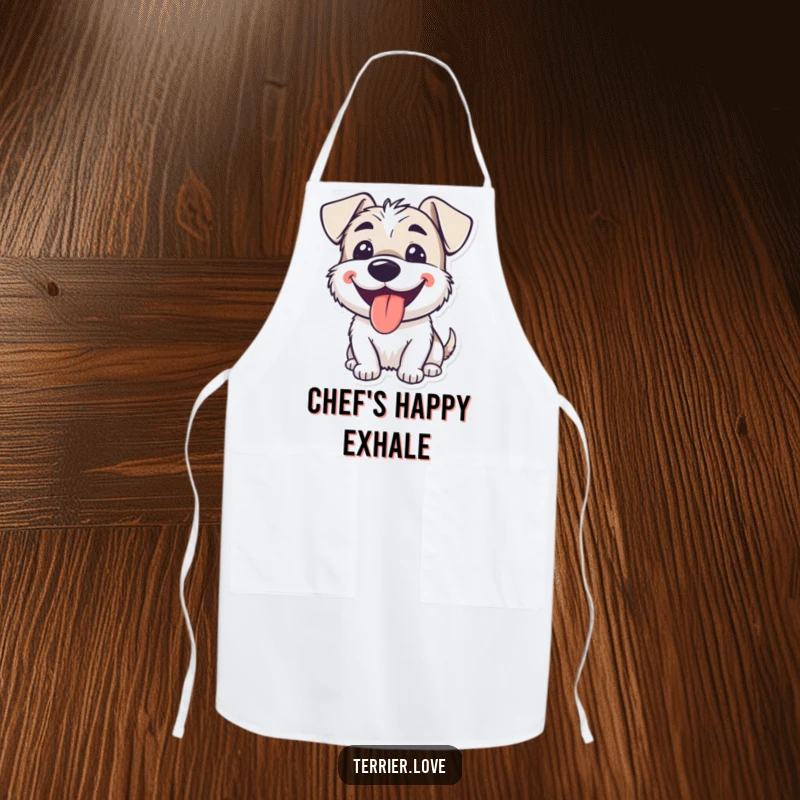 Funny smiling terrier apron showing a dog happily panting with its tongue lolling out, ready for kitchen fun.