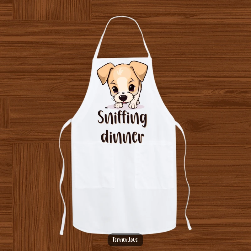 Funny terrier apron showing a curious small dog with floppy ears sniffing the ground, ideal for keeping clothes clean.