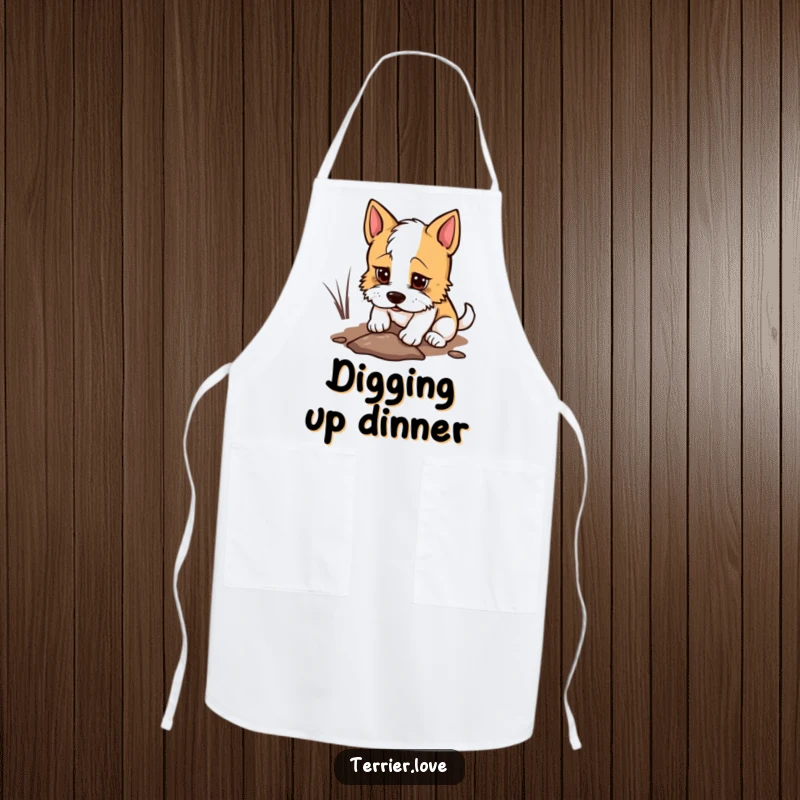 Funny Apron with a determined terrier digging a small hole, adding humor and determination to cooking.