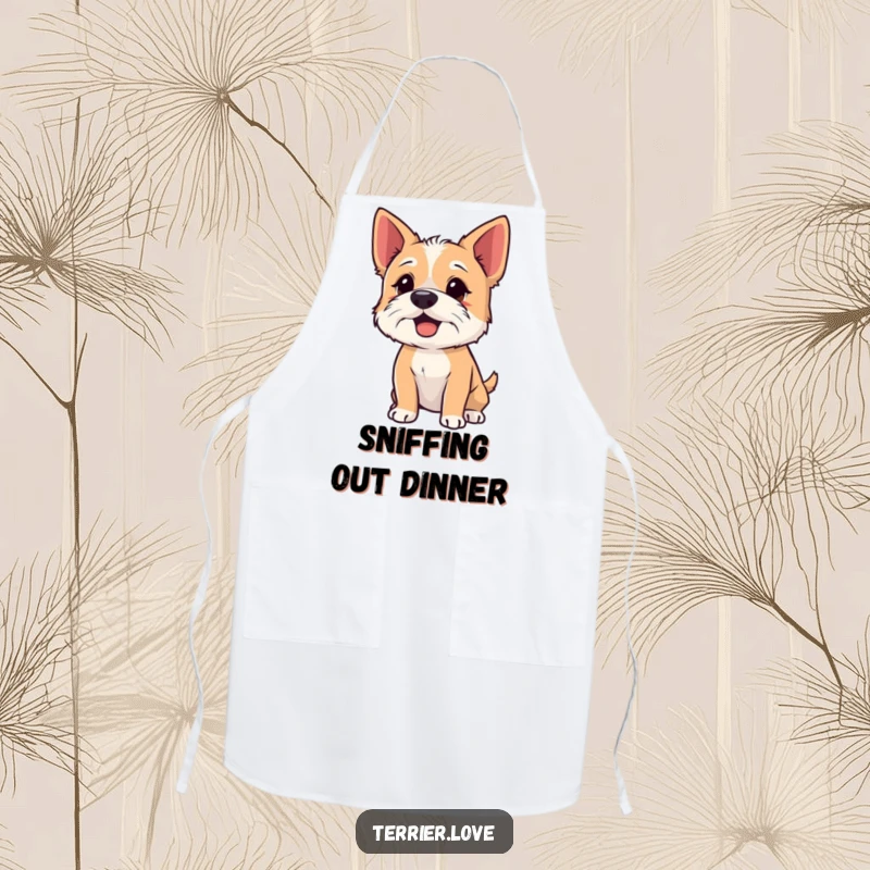 Funny Apron with a terrier sniffing the air with its nose up, adding humor and curiosity to cooking.