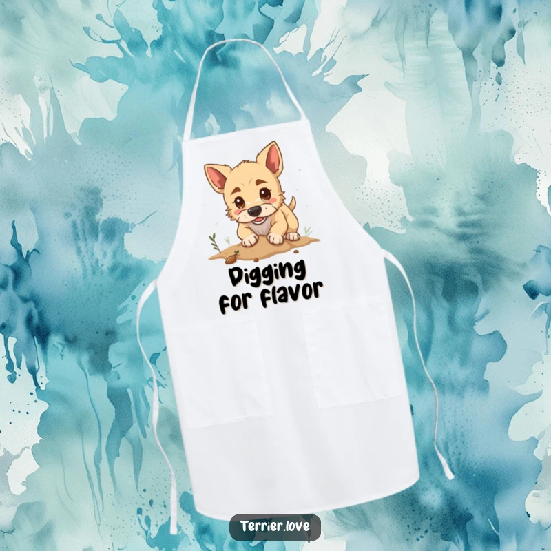 Funny apron featuring a determined terrier digging enthusiastically, designed for kitchen protection and a good dose of humor.
