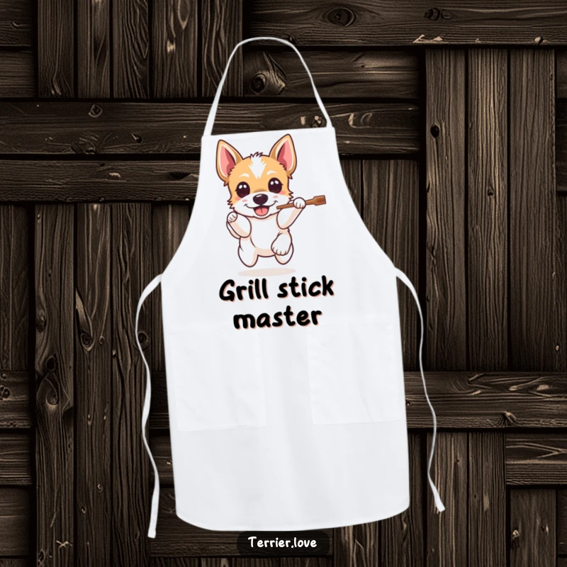 Funny Terrier Apron: A happy dog leaps for a stick, a humorous and practical kitchen accessory for dog lovers who enjoy fetch.
