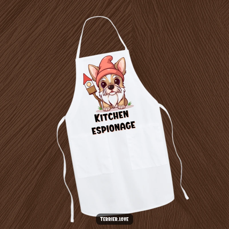Funny Terrier Apron: A curious dog peeks from behind a gnome, a humorous and practical kitchen accessory for dog lovers.
