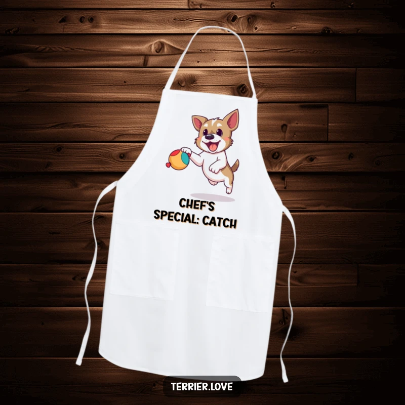Funny terrier apron depicting a dog leaping with determination to catch a squeaky toy, a humorous kitchen essential.