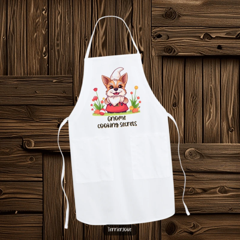 Funny terrier apron featuring a dog with a cheeky grin peeking from behind a garden gnome, perfect for kitchen fun.