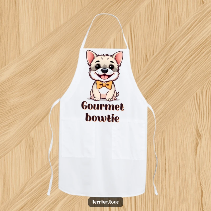 Funny terrier apron featuring a small dog with a big smile wearing a bowtie, perfect for keeping clothes clean during cooking.