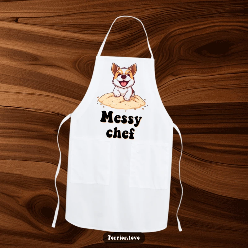 Funny Apron: A grinning terrier dog enthusiastically digging in a sandpit, ready to bring fun to the kitchen.