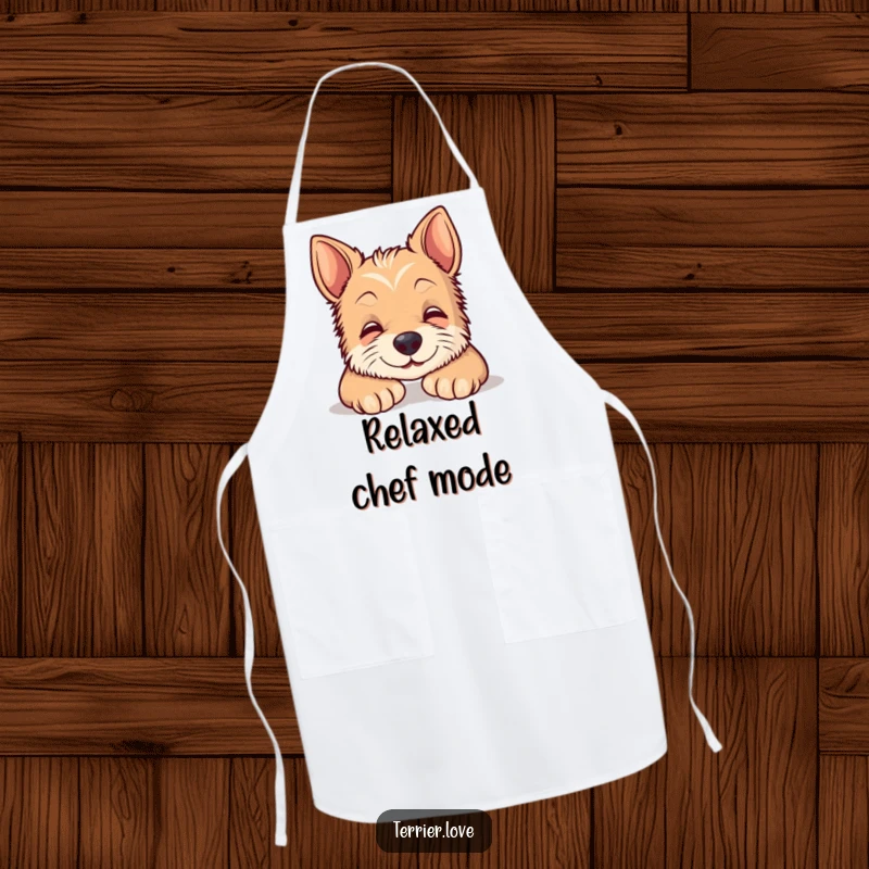 Funny terrier apron featuring a content smiling dog resting, perfect for chefs who enjoy cooking with a calm and humorous attitude.