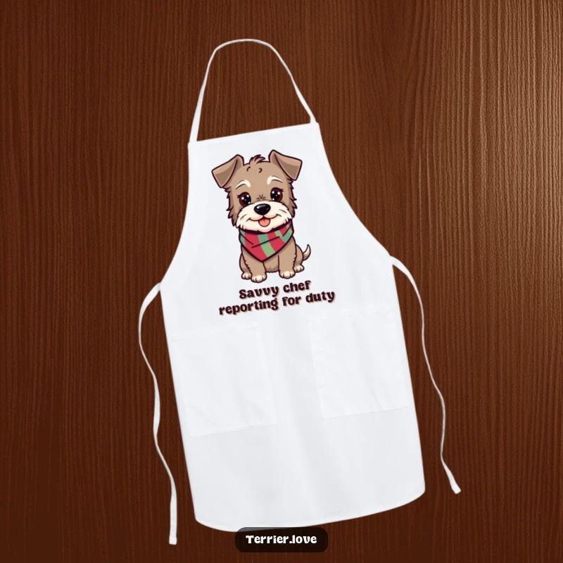 Funny terrier apron featuring a happy, alert dog in a scarf, a charming kitchen accessory for dog lovers.