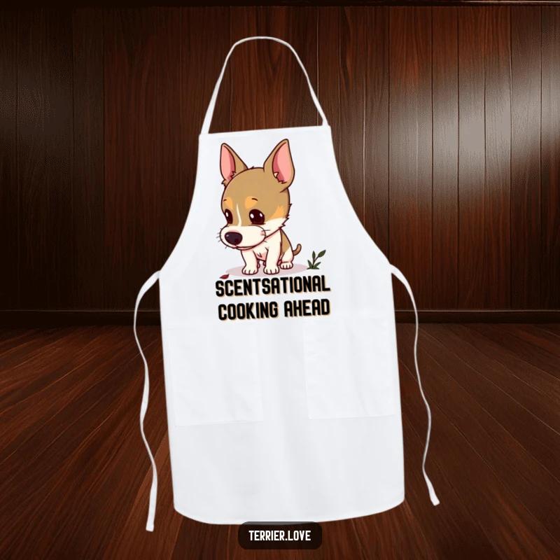 Funny curious terrier apron depicting a dog with perked ears sniffing the ground, searching for a hidden scent, a humorous kitchen accessory.