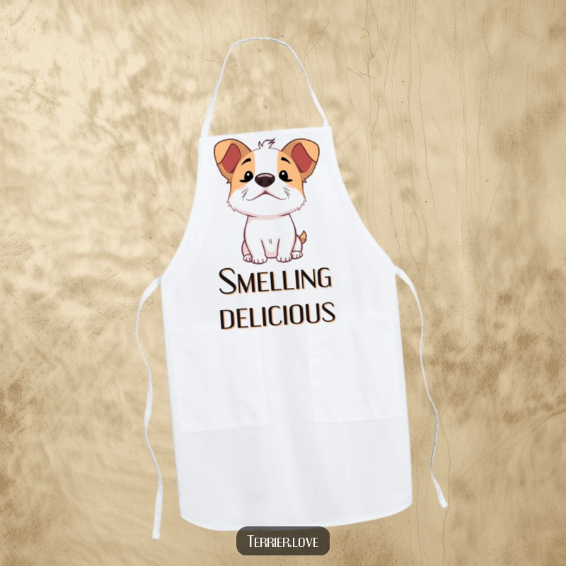 Funny Sniffing Terrier Apron: Kitchen wear featuring an excited dog character sniffing the air with nose up.