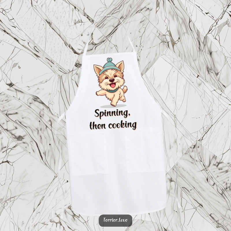 Funny Terrier apron showing a silly dog in a hat, enthusiastically chasing its tail, a humorous image for kitchen or craft activities.