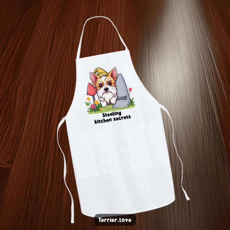 Funny mischievous terrier apron, dog peeking from behind gnome, expressive kitchen wear, perfect for cooking gifts.