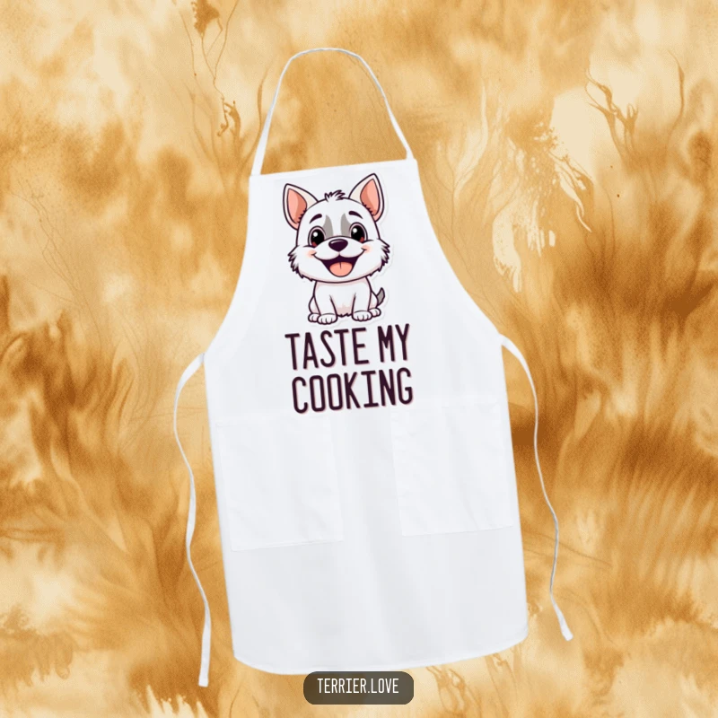 Funny terrier apron with a cheerful, panting dog character ready to assist in the kitchen, bringing smiles and a hint of needed attention.