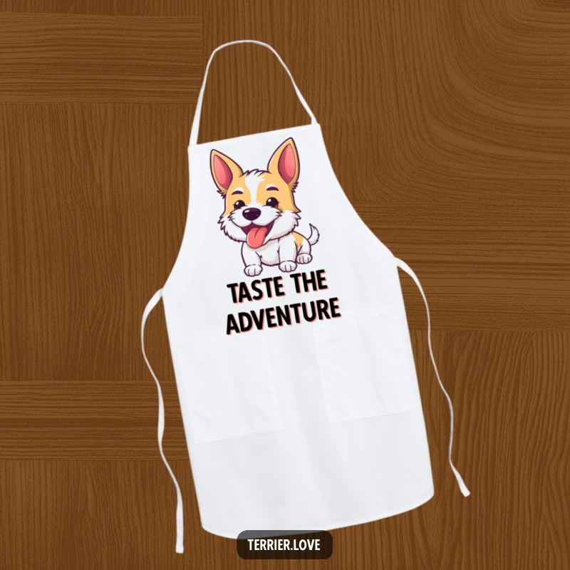 Funny Apron featuring an energetic terrier with its tongue playfully out, designed for kitchen fun and protection.