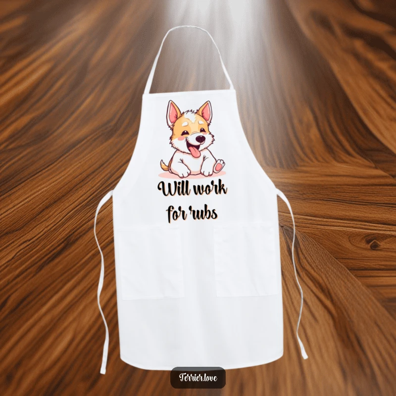 Funny Terrier Apron: A cute terrier wearing an apron, yipping happily, begging for a belly rub while you cook. Kitchen fun.