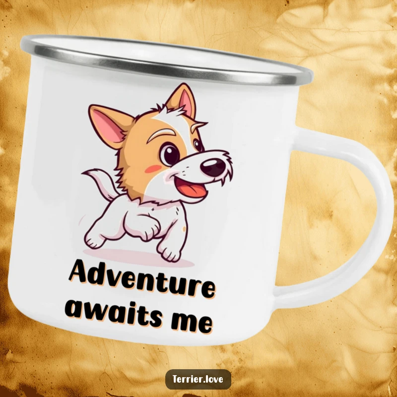 Funny terrier camping mug featuring a dog barking playfully mid-chase, ready for outdoor fun and exciting adventures.