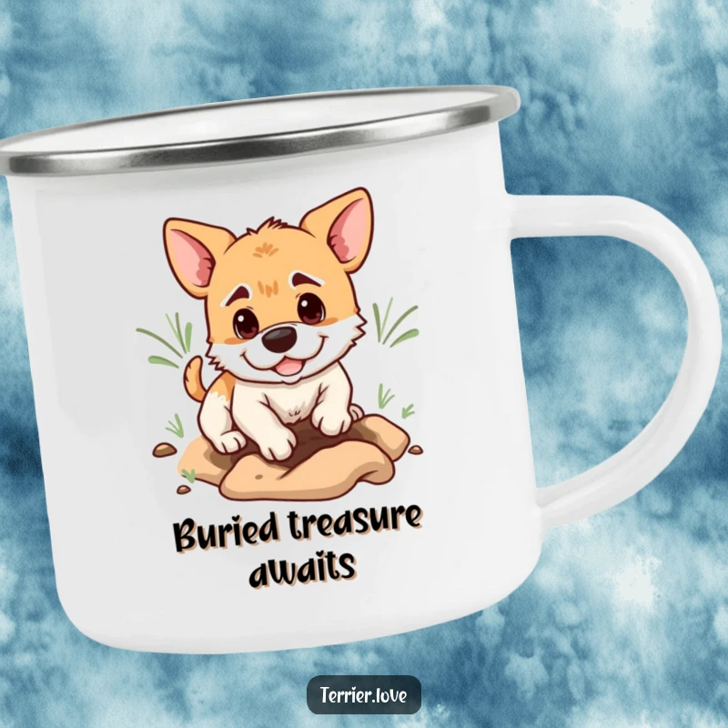 Funny terrier camping mug showing a determined dog digging a hole, perfect for adventures with humorous focus.