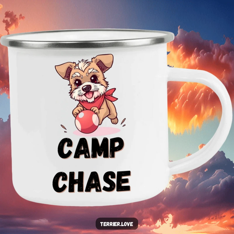 Funny terrier camping mug featuring a small dog in a bandana, enthusiastically chasing a bouncy ball, ideal for outdoor enjoyment.