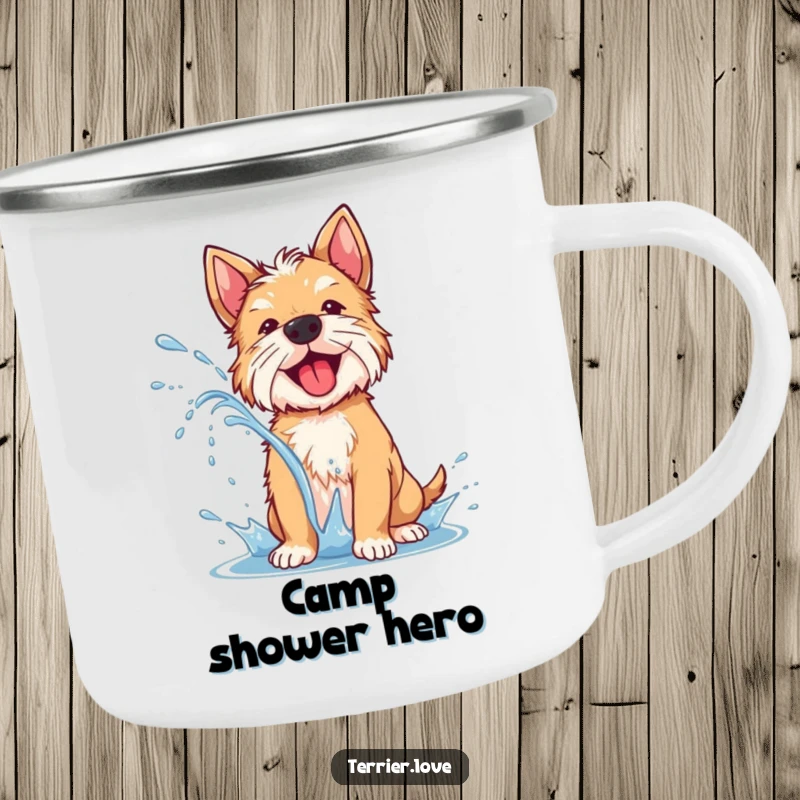 Funny terrier camping mug showing a dog shaking off water with a joyful spray, perfect for outdoor fun.