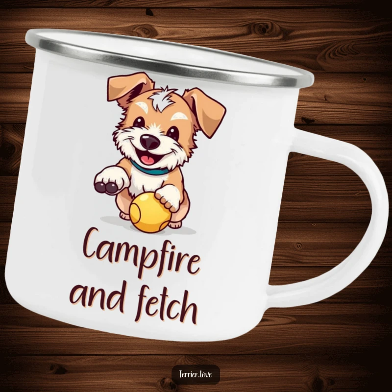 Funny camping mug featuring a happy terrier with floppy ears, enthusiastically catching a ball on a scenic outdoor background.