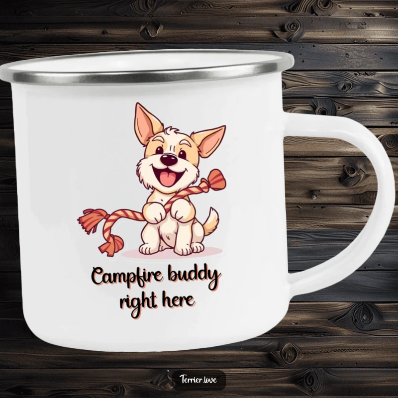 Funny terrier camping mug with a cheerful dog wagging its tail and holding a rope toy, perfect for outdoor adventures and humorous vibes.