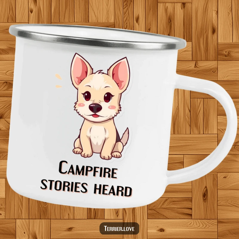 Funny terrier camping mug featuring a dog with ears perked, listening intently, embodying the spirit of outdoor adventure and keen senses.
