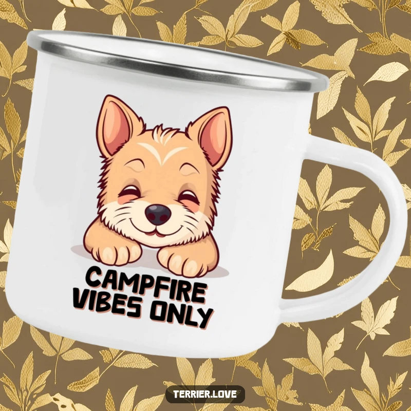 Funny terrier camping mug depicting a content smiling dog resting, perfect for enjoying drinks during outdoor adventures with a touch of humor.