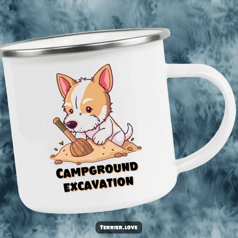 Funny Camping Mug with a terrier enthusiastically digging in soft earth, ready for outdoor exploration.