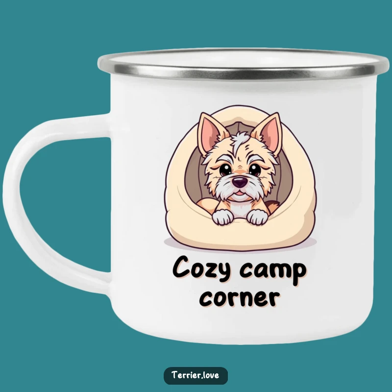 Durable Funny Terrier Camping Mug: Adventure from a Cozy Bed