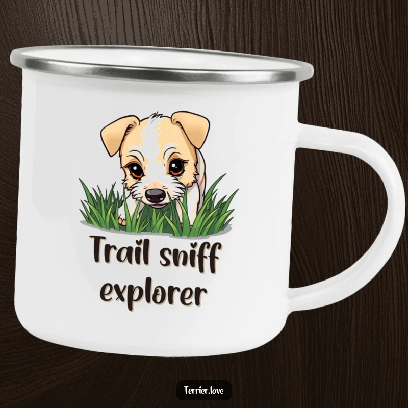 Funny terrier camping mug showing a dog with a curious gaze intently sniffing grass, perfect for outdoor exploration.
