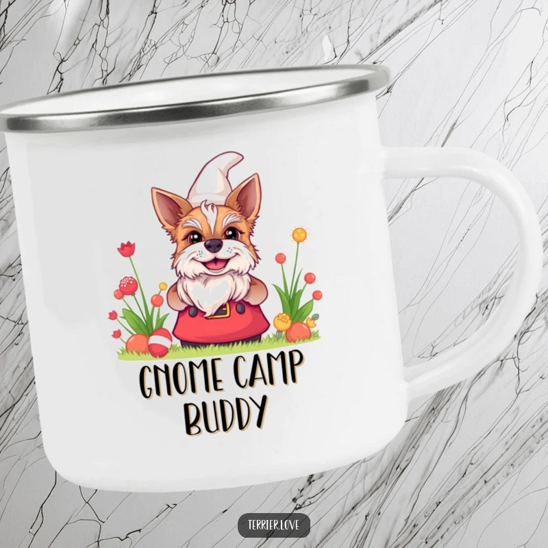 Funny terrier camping mug showing a dog grinning behind a garden gnome, perfect for outdoor fun and laughs.