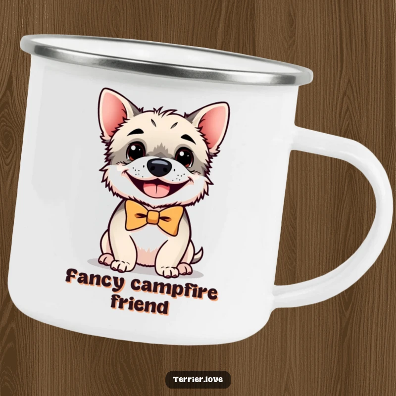Funny terrier camping mug featuring a small, grinning dog wearing a bowtie, ideal for enjoying beverages in the great outdoors.