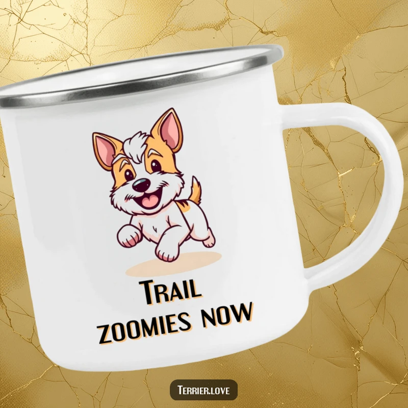 Funny Camping Mug with a happy terrier running with its tail wagging, embodying outdoor adventure and joy.