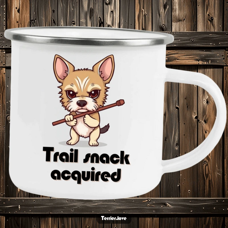Funny Determined Terrier Camping Mug: A determined terrier holding a stick, pictured on a rugged mug designed for adventurers with a sense of purpose.