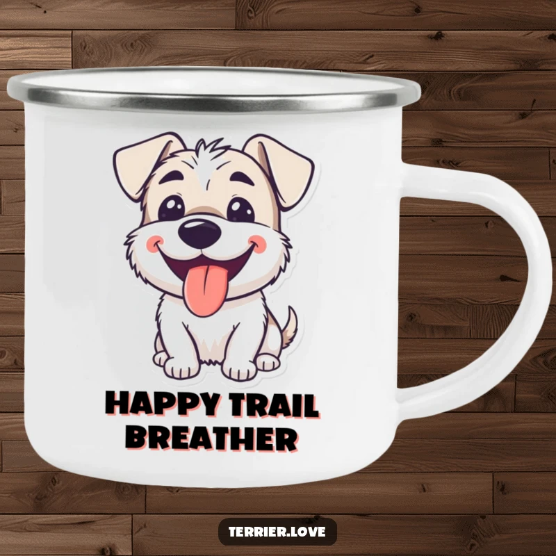 Funny smiling terrier camping mug showing a dog happily panting with its tongue lolling out, perfect for adventures.